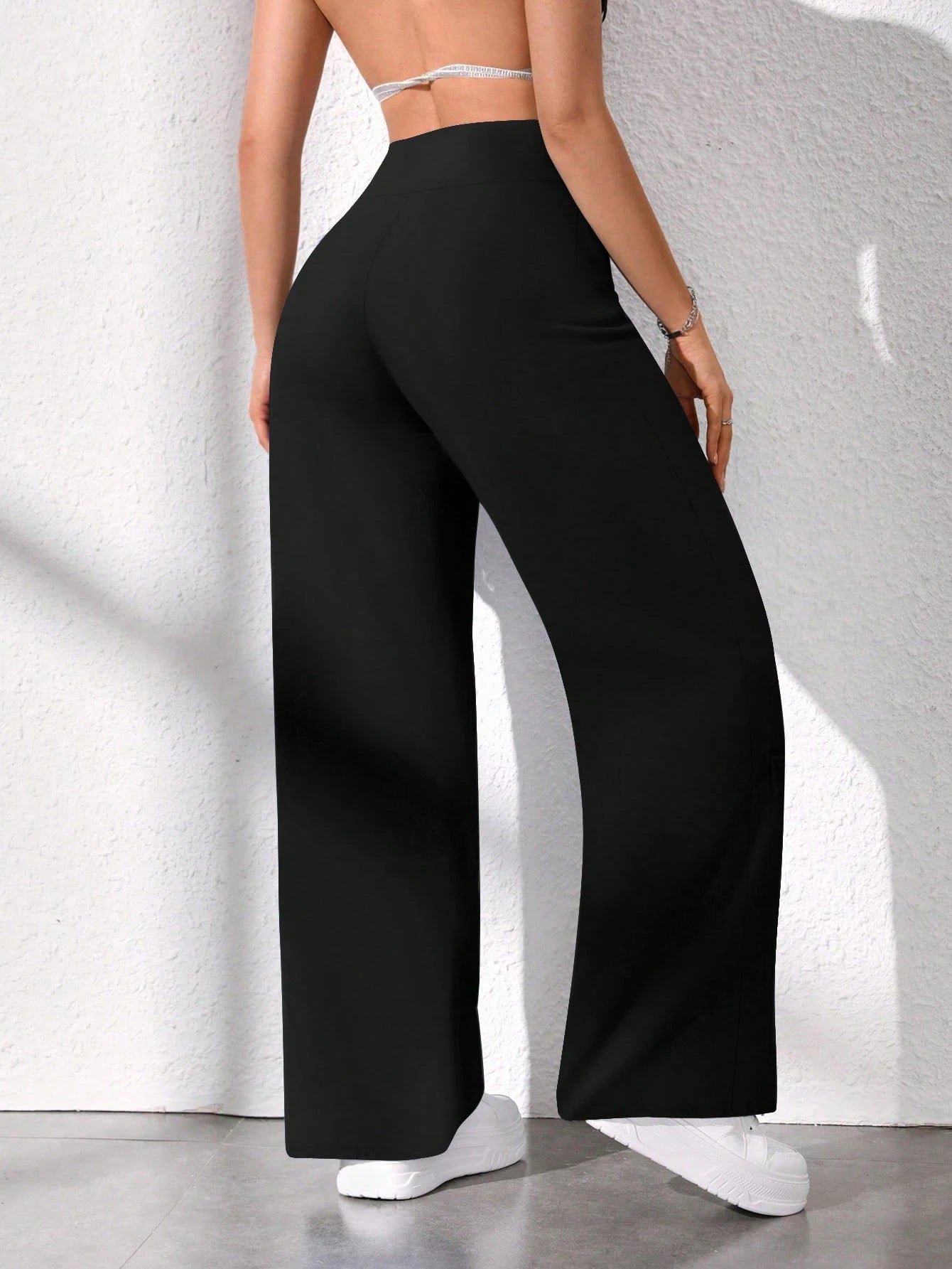 Women's Casual Solid Color High Waist Straight Loose Pants Spring Black