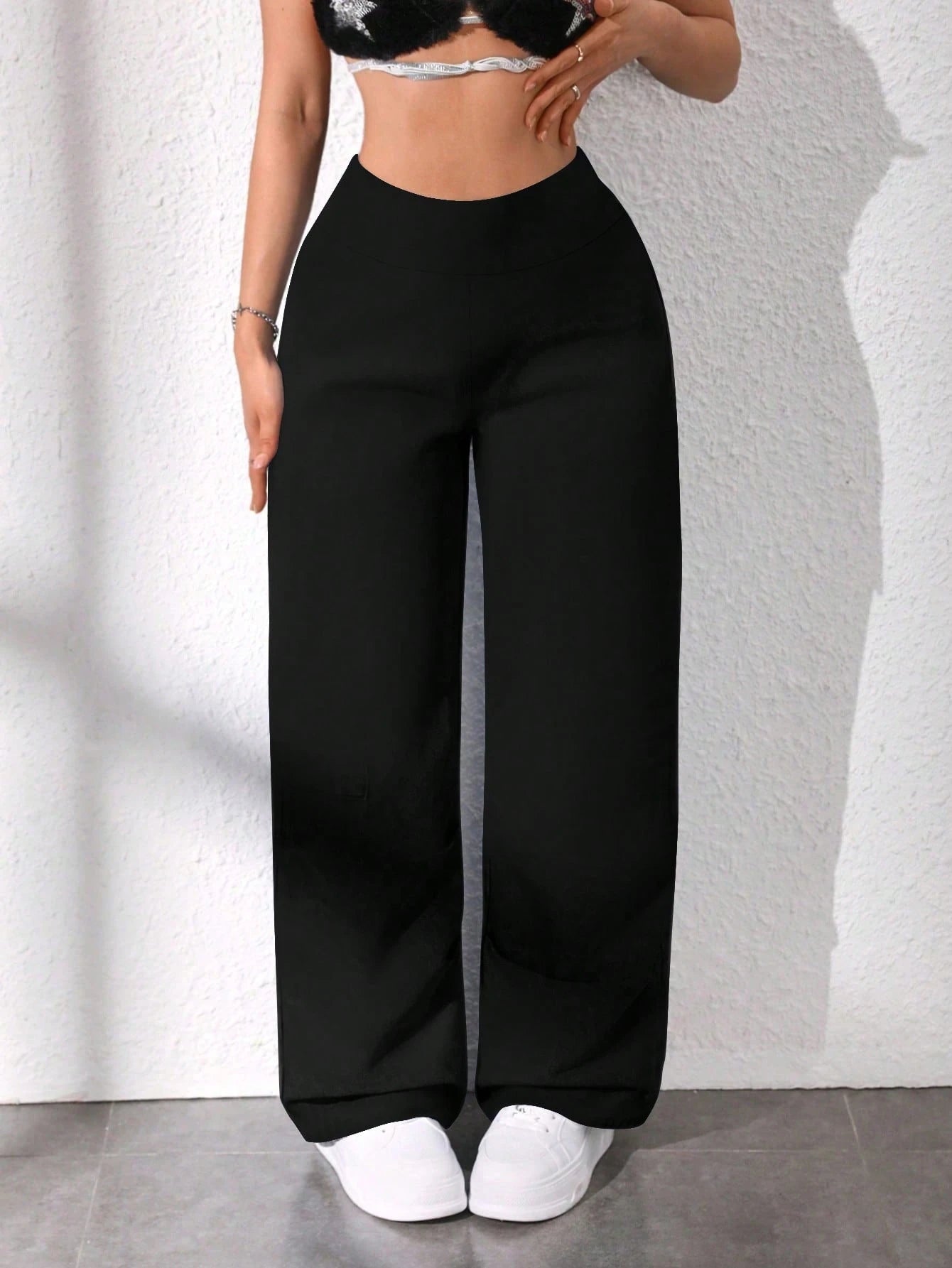 Women's Casual Solid Color High Waist Straight Loose Pants Spring Black