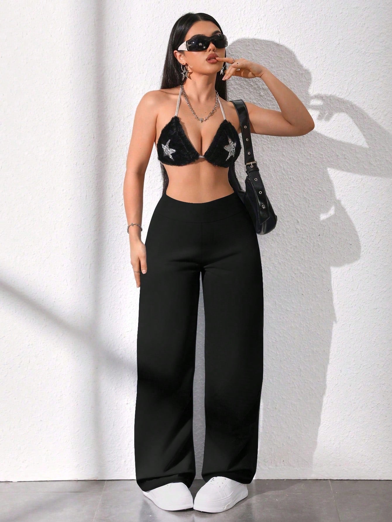 Women's Casual Solid Color High Waist Straight Loose Pants Spring Black