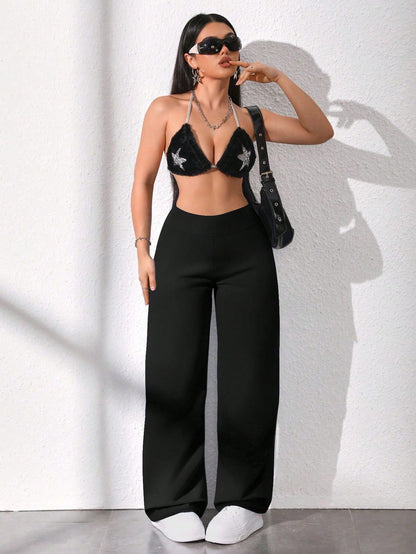 Women's Casual Solid Color High Waist Straight Loose Pants Spring Black