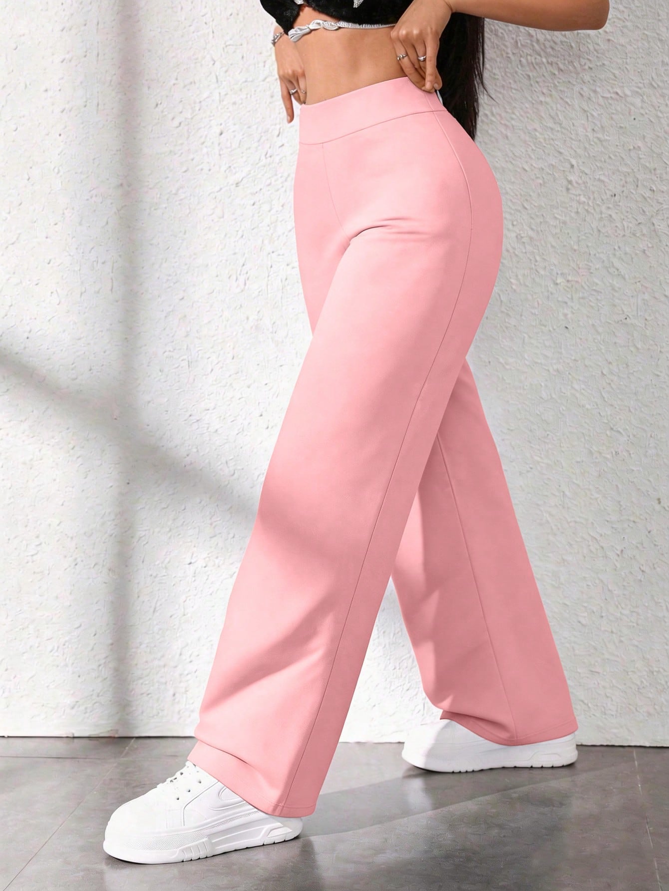 Women's Casual Solid Color High Waist Straight Loose Pants Spring Black