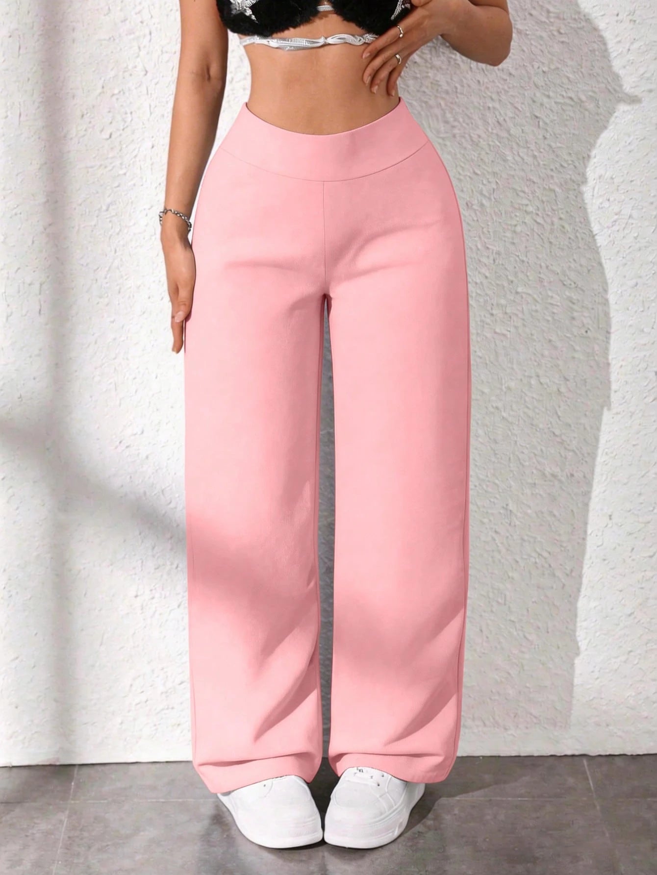 Women's Casual Solid Color High Waist Straight Loose Pants Spring Black