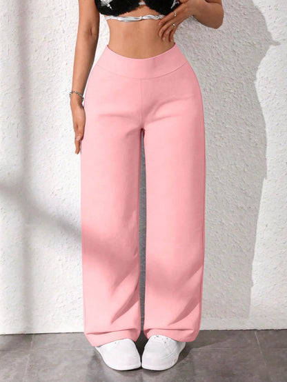 Women's Casual Solid Color High Waist Straight Loose Pants Spring Black