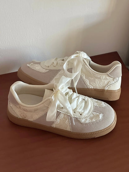 Women's Casual Sports Shoes, Mesh Breathable Versatile Sneakers, Lace-Up Ballet Flat Style, Sports Shoes, Women Shoes, Light Gray