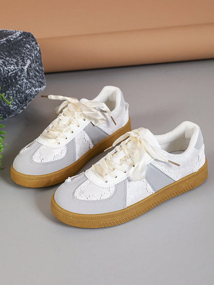 Women's Casual Sports Shoes, Mesh Breathable Versatile Sneakers, Lace-Up Ballet Flat Style, Sports Shoes, Women Shoes, Light Gray
