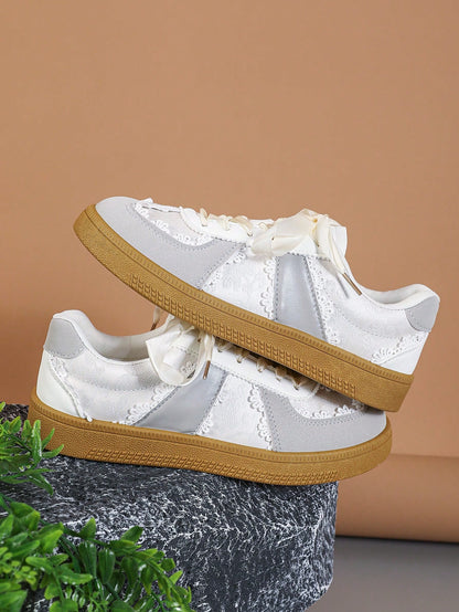 Women's Casual Sports Shoes, Mesh Breathable Versatile Sneakers, Lace-Up Ballet Flat Style, Sports Shoes, Women Shoes, Light Gray