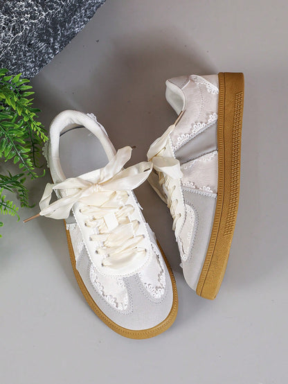 Women's Casual Sports Shoes, Mesh Breathable Versatile Sneakers, Lace-Up Ballet Flat Style, Sports Shoes, Women Shoes, Light Gray