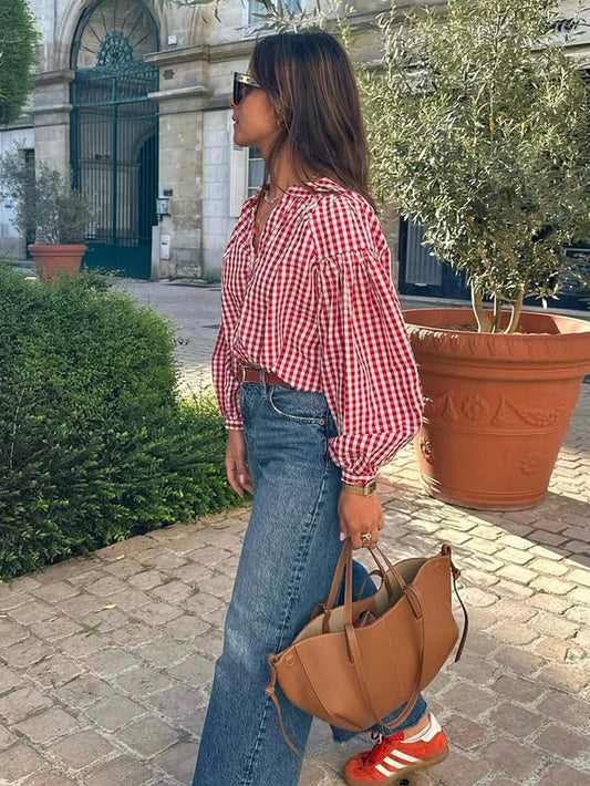 Women's Casual Street Style V-Neck Button Half Placket Long Sleeve Plaid Shirt, Spring/Summer Red