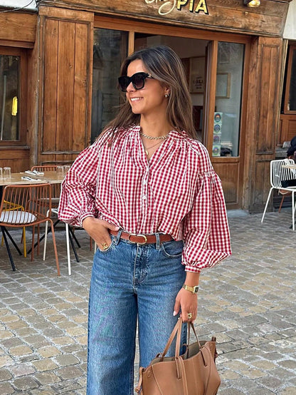 Women's Casual Street Style V-Neck Button Half Placket Long Sleeve Plaid Shirt, Spring/Summer Red