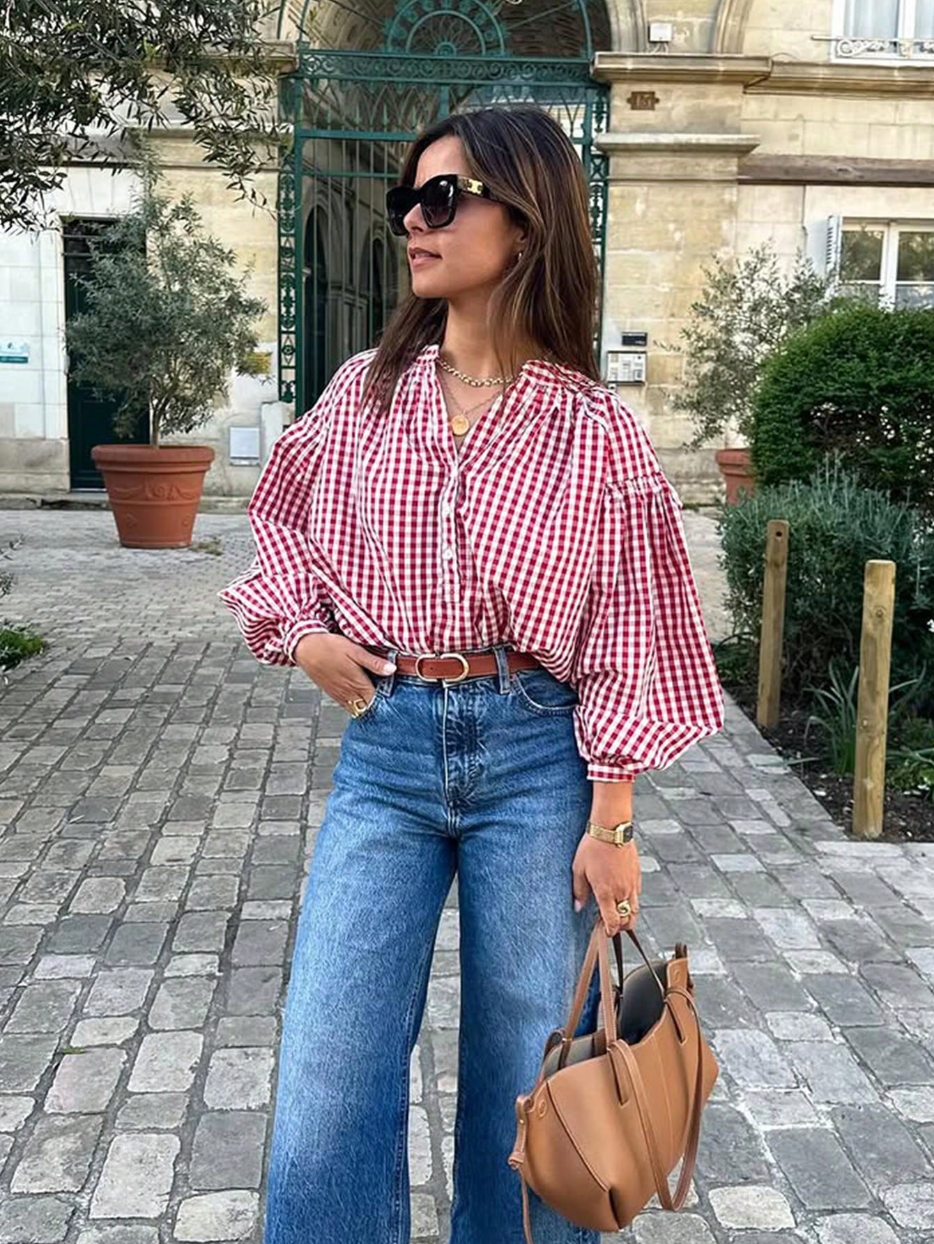 Women's Casual Street Style V-Neck Button Half Placket Long Sleeve Plaid Shirt, Spring/Summer Red