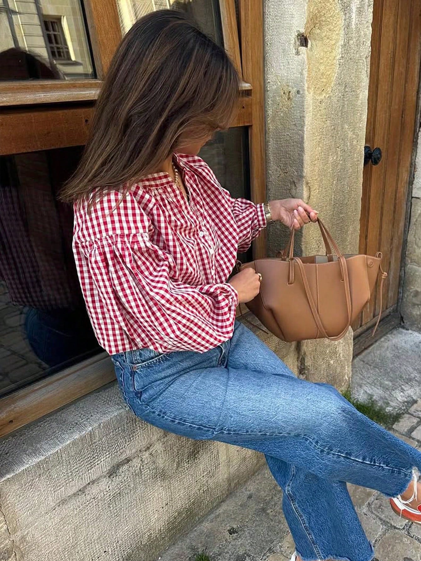 Women's Casual Street Style V-Neck Button Half Placket Long Sleeve Plaid Shirt, Spring/Summer Red