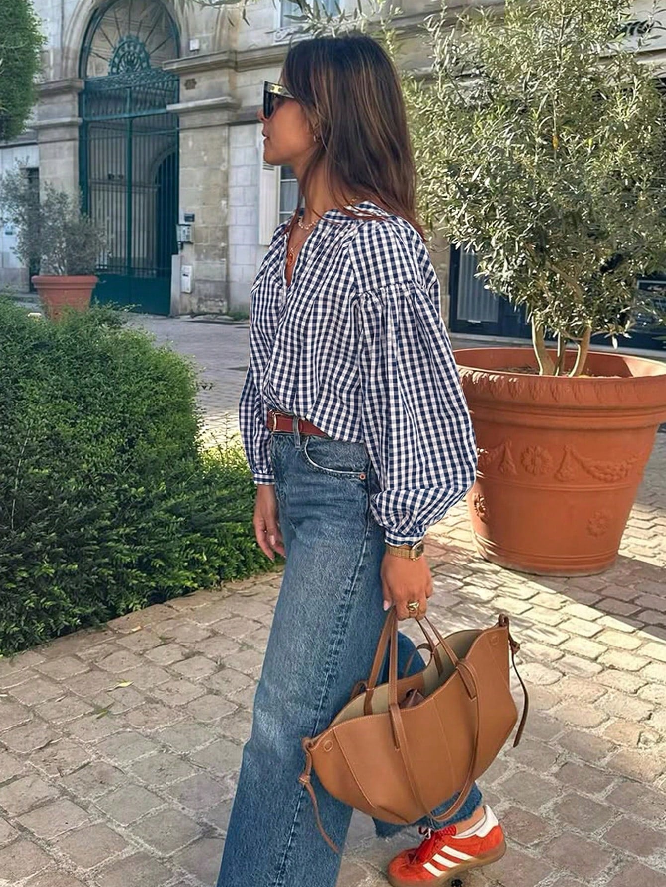 Women's Casual Street Style V-Neck Button Half Placket Long Sleeve Plaid Shirt, Spring/Summer Red