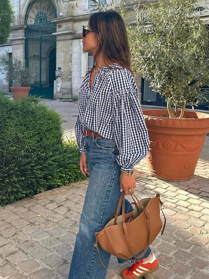 Women's Casual Street Style V-Neck Button Half Placket Long Sleeve Plaid Shirt, Spring/Summer Red