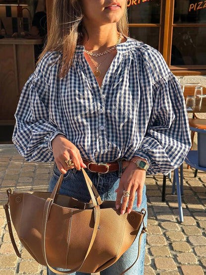 Women's Casual Street Style V-Neck Button Half Placket Long Sleeve Plaid Shirt, Spring/Summer Red