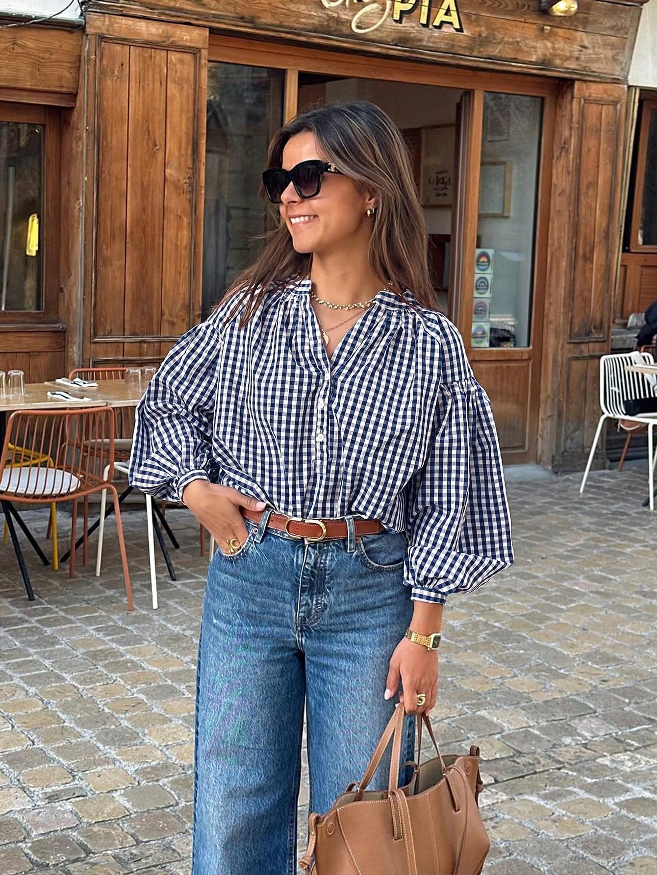 Women's Casual Street Style V-Neck Button Half Placket Long Sleeve Plaid Shirt, Spring/Summer Red