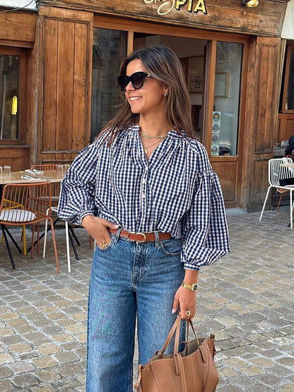 Women's Casual Street Style V-Neck Button Half Placket Long Sleeve Plaid Shirt, Spring/Summer Red