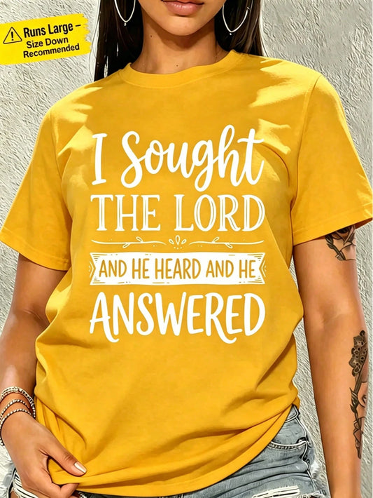 Women's Christian Faith "I Sought The Lord And He Heard And He Answered" Letter Print Oversized Crew Neck Short Sleeve Casual Religious T-Shirt