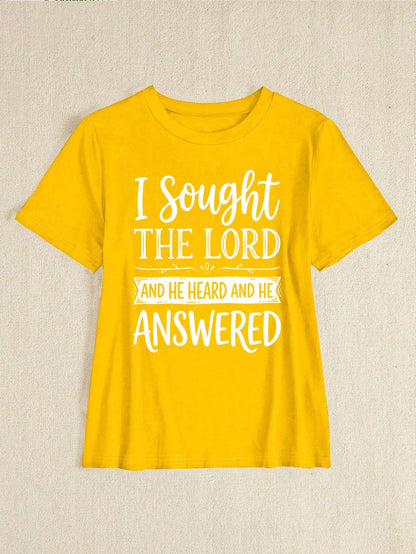 Women's Christian Faith "I Sought The Lord And He Heard And He Answered" Letter Print Oversized Crew Neck Short Sleeve Casual Religious T-Shirt