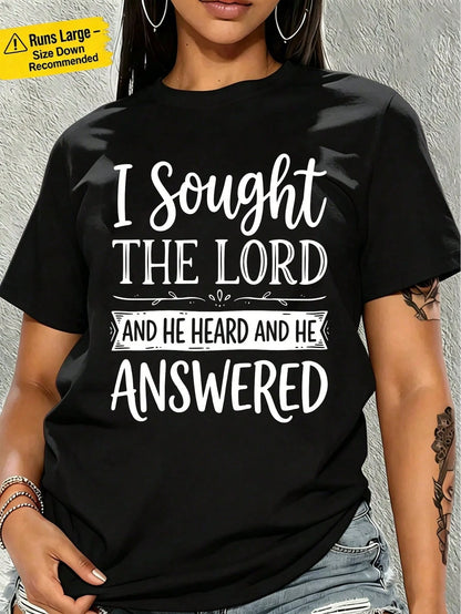 Women's Christian Faith "I Sought The Lord And He Heard And He Answered" Letter Print Oversized Crew Neck Short Sleeve Casual Religious T-Shirt