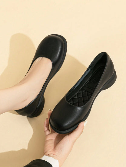 Women's Comfortable Black Flat Slip-On Casual Shoes, Soft & Gentle Office Work Shoes, Breathable Laser Cut Pattern Lightweight Ballet Flats