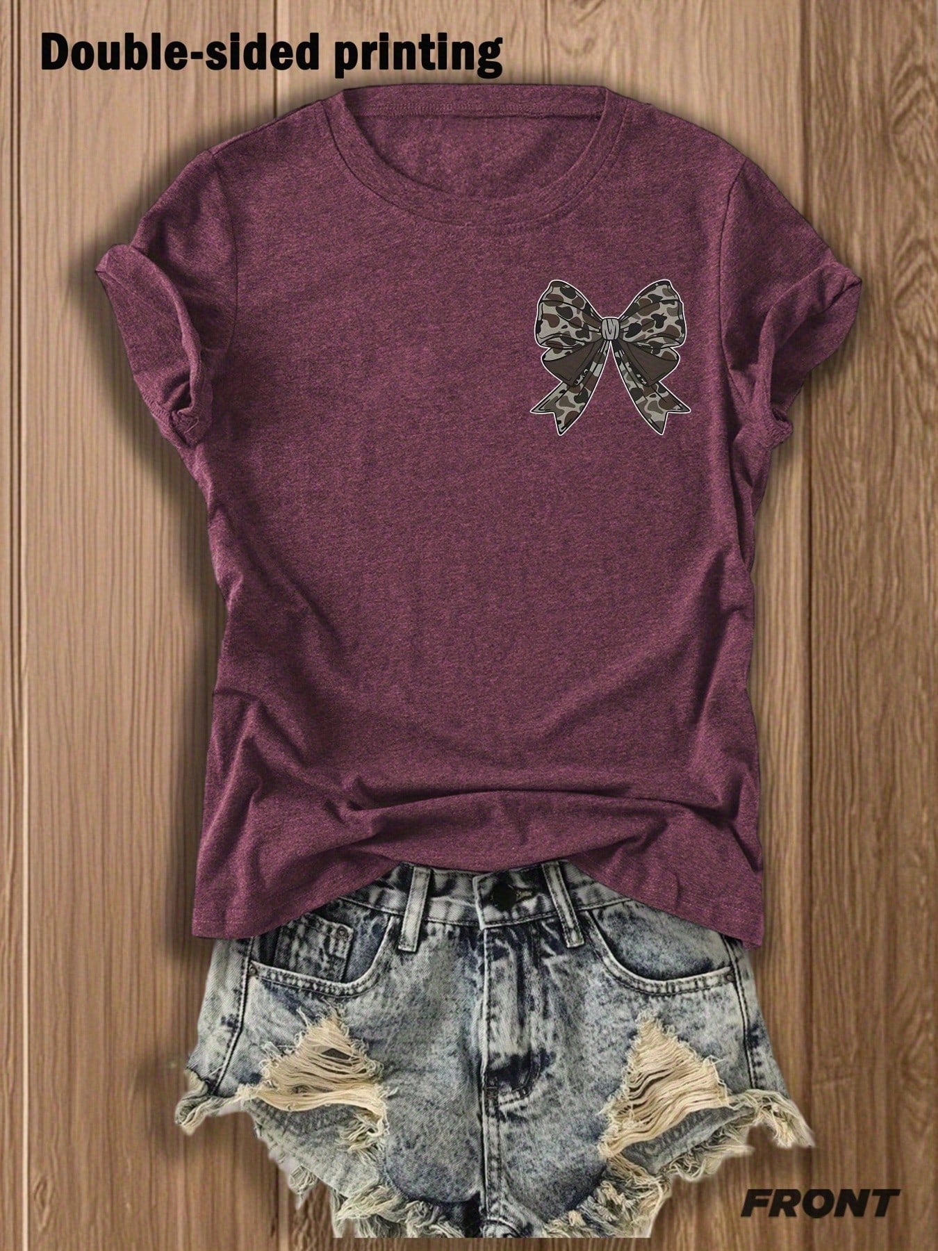 Women's Double-Sided Print T-Shirt Camouflage Bow Print Cotton Blend Tee Fashion Casual Tops For Outdoor Daily Wear Pattern For Southern Charm Lovers