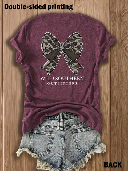 Women's Double-Sided Print T-Shirt Camouflage Bow Print Cotton Blend Tee Fashion Casual Tops For Outdoor Daily Wear Pattern For Southern Charm Lovers
