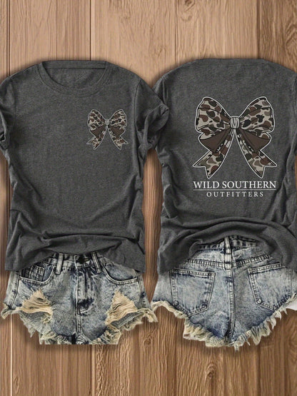 Women's Double-Sided Print T-Shirt Camouflage Bow Print Cotton Blend Tee Fashion Casual Tops For Outdoor Daily Wear Pattern For Southern Charm Lovers
