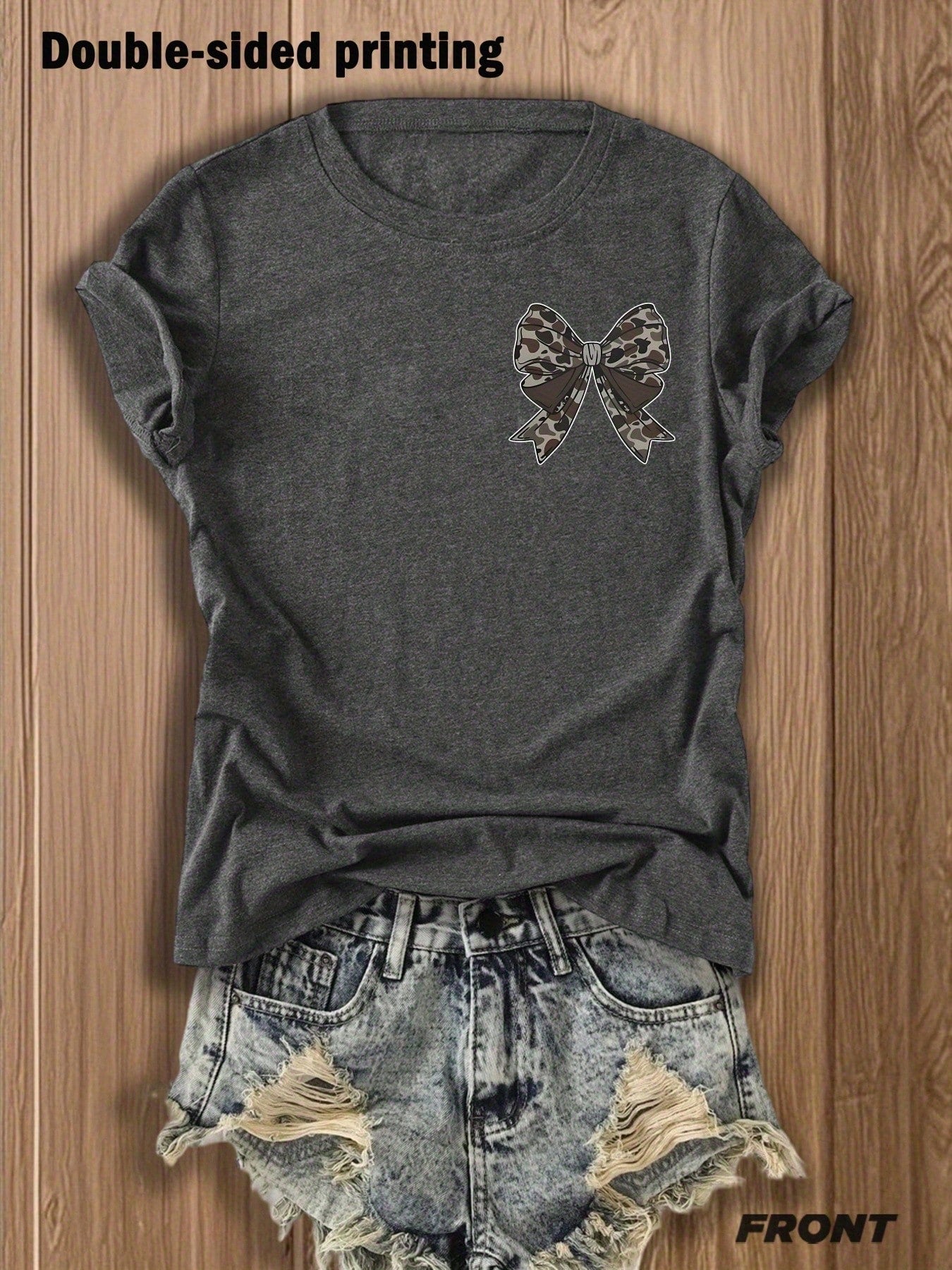 Women's Double-Sided Print T-Shirt Camouflage Bow Print Cotton Blend Tee Fashion Casual Tops For Outdoor Daily Wear Pattern For Southern Charm Lovers