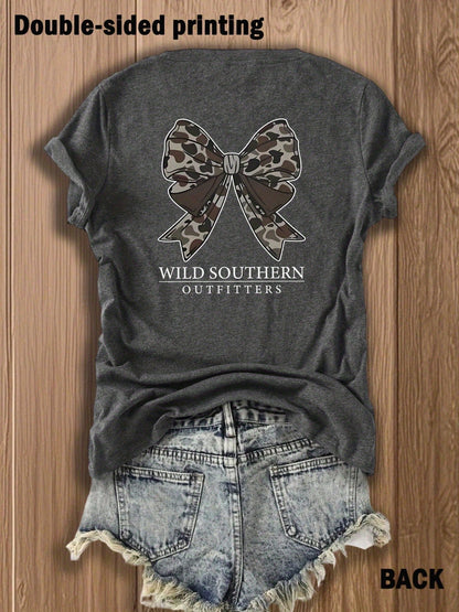 Women's Double-Sided Print T-Shirt Camouflage Bow Print Cotton Blend Tee Fashion Casual Tops For Outdoor Daily Wear Pattern For Southern Charm Lovers