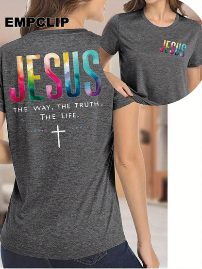 Women's Double-Sided Print T-Shirt Jesus The Way Truth Life Colorful Inspirational Christian Tee Faith-Based Apparel For Church Worship Religious Activities Fashion Religious Shirt