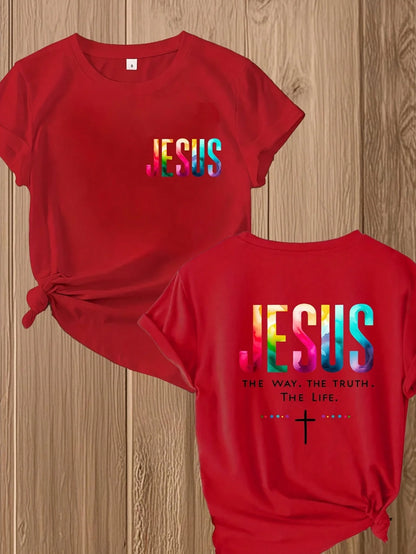 Women's Double-Sided Print T-Shirt Jesus The Way Truth Life Colorful Inspirational Christian Tee Faith-Based Apparel For Church Worship Religious Activities Fashion Religious Shirt
