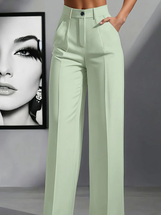 Women's Elegant High Waist Pleated Wide Leg Trousers Casual Office Commuting Drapey Suit Pants With Pockets Fall