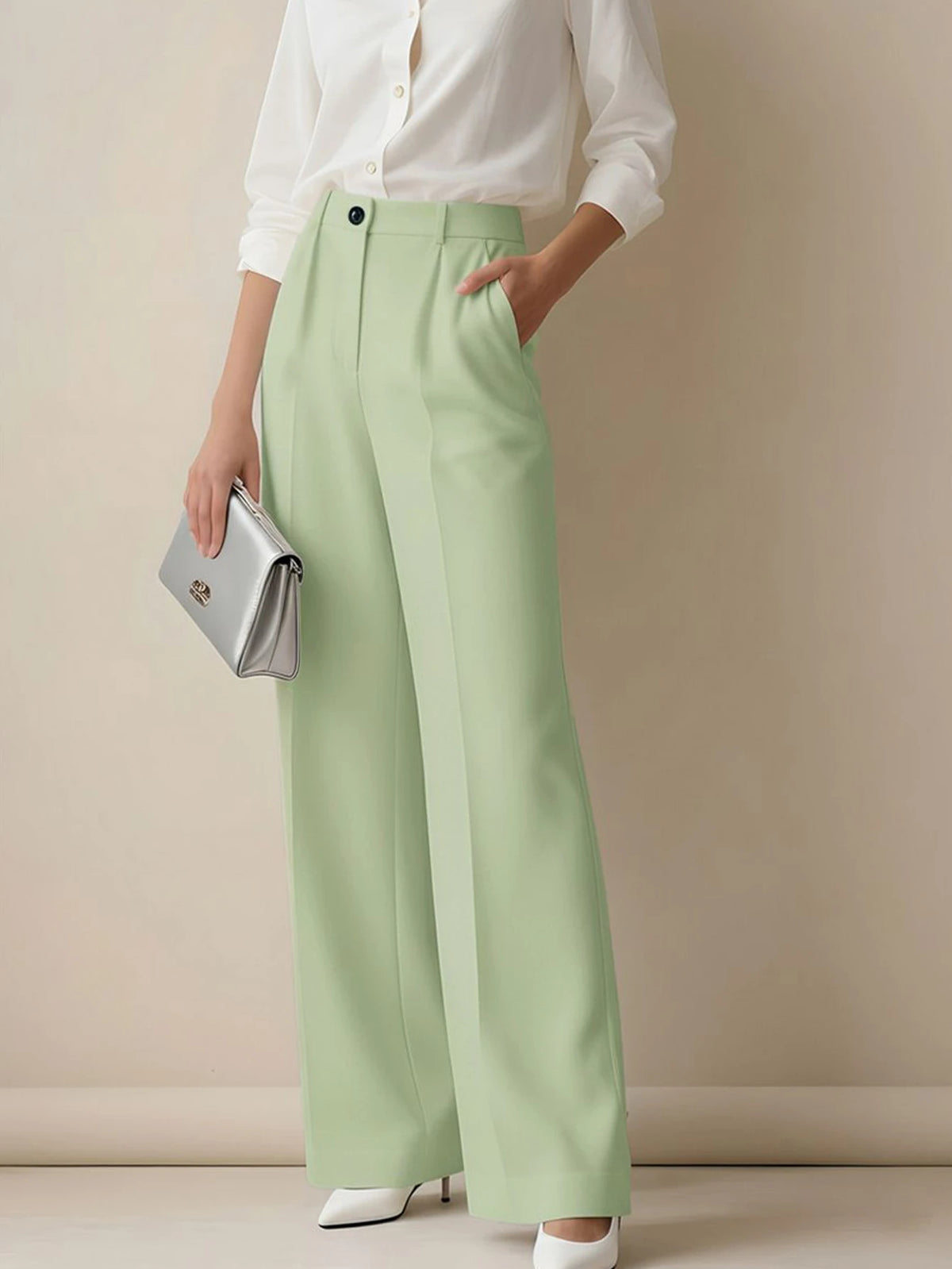 Women's Elegant High Waist Pleated Wide Leg Trousers Casual Office Commuting Drapey Suit Pants With Pockets Fall