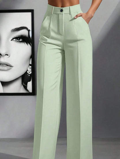 Women's Elegant High Waist Pleated Wide Leg Trousers Casual Office Commuting Drapey Suit Pants With Pockets Fall