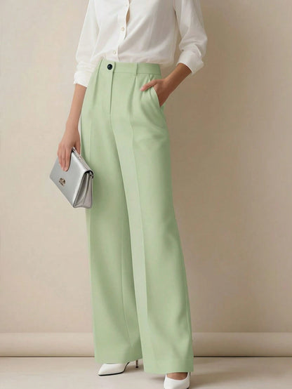 Women's Elegant High Waist Pleated Wide Leg Trousers Casual Office Commuting Drapey Suit Pants With Pockets Fall