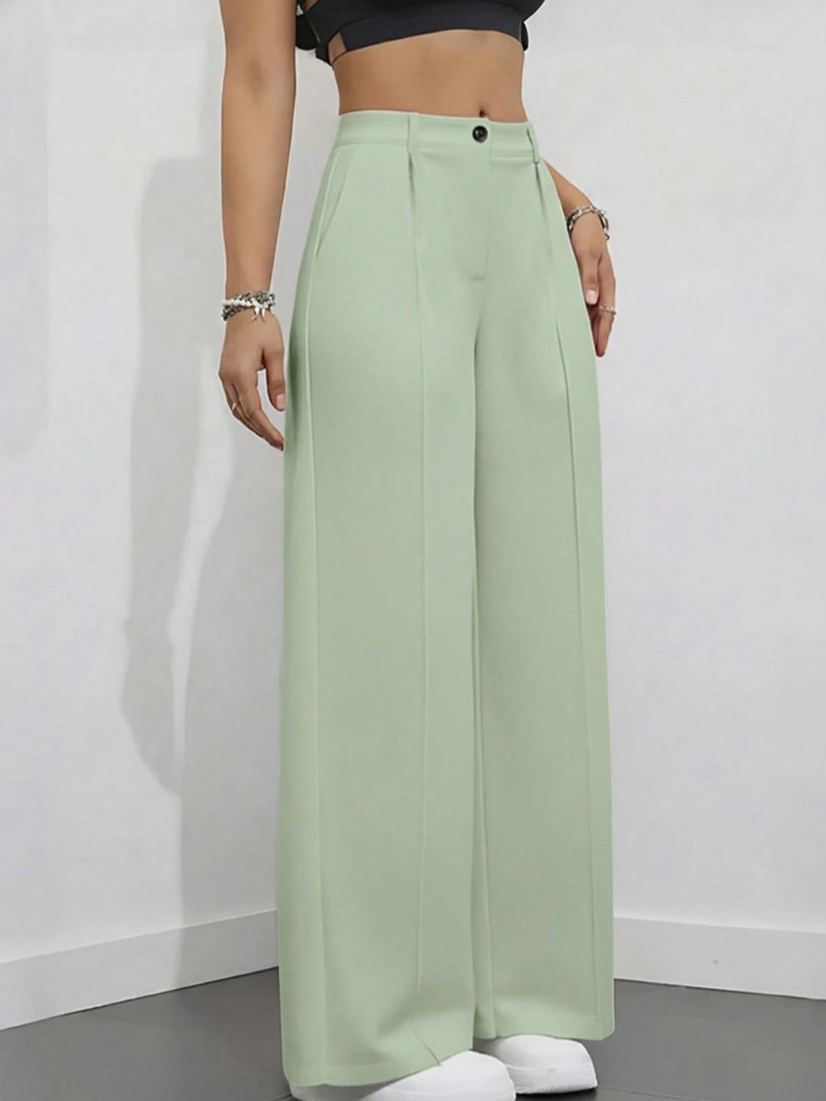 Women's Elegant High Waist Pleated Wide Leg Trousers Casual Office Commuting Drapey Suit Pants With Pockets Fall