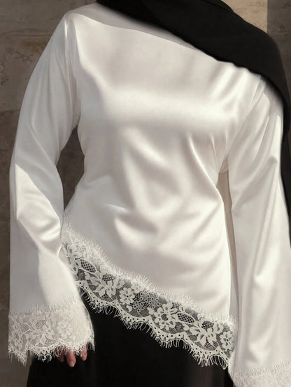 Women's Elegant Lace Patchwork Blouse Shirt, French‑Style Modest Long‑Sleeve Asymmetrical Hem Top, Ramadan Clothing, Suitable For Fall Outfits