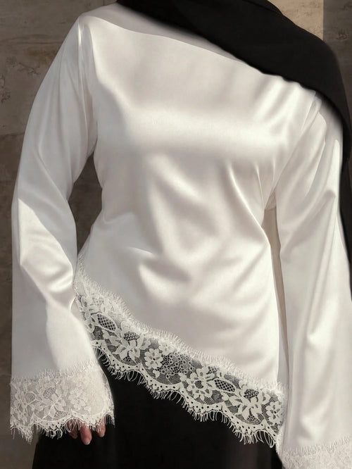 Women's Elegant Lace Patchwork Blouse Shirt, French‑Style Modest Long‑Sleeve Asymmetrical Hem Top, Ramadan Clothing, Suitable For Fall Outfits