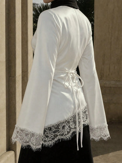 Women's Elegant Lace Patchwork Blouse Shirt, French‑Style Modest Long‑Sleeve Asymmetrical Hem Top, Ramadan Clothing, Suitable For Fall Outfits
