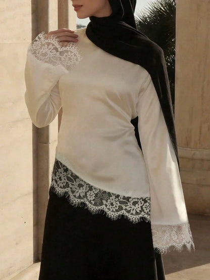Women's Elegant Lace Patchwork Blouse Shirt, French‑Style Modest Long‑Sleeve Asymmetrical Hem Top, Ramadan Clothing, Suitable For Fall Outfits