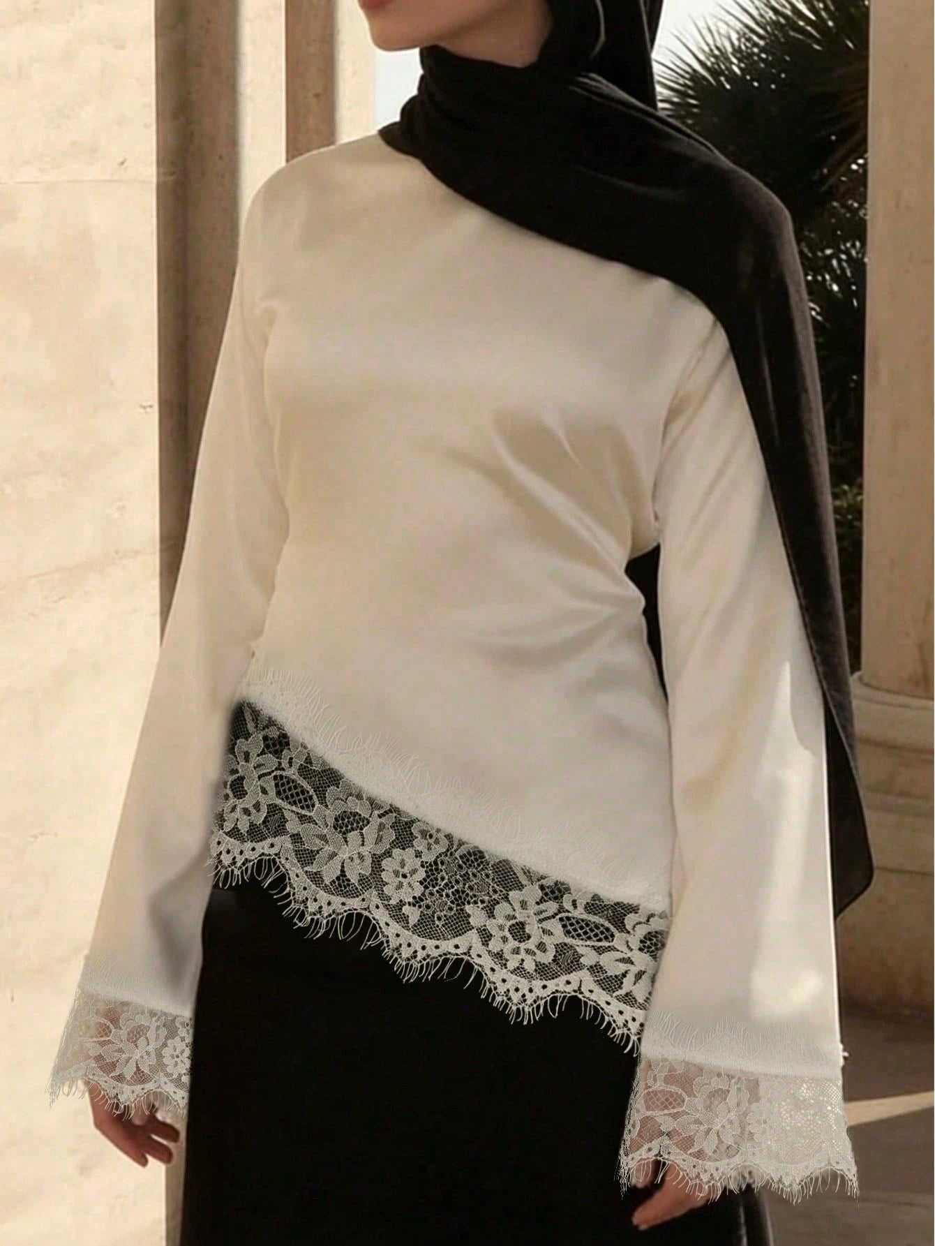 Women's Elegant Lace Patchwork Blouse Shirt, French‑Style Modest Long‑Sleeve Asymmetrical Hem Top, Ramadan Clothing, Suitable For Fall Outfits