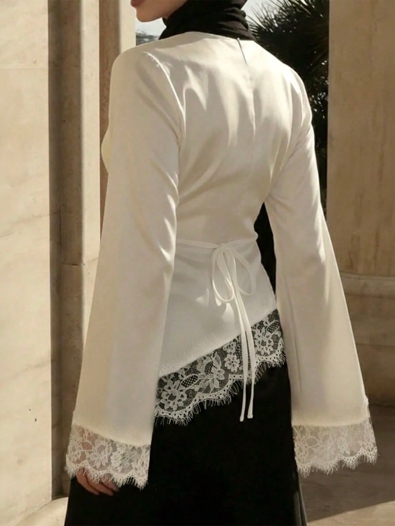 Women's Elegant Lace Patchwork Blouse Shirt, French‑Style Modest Long‑Sleeve Asymmetrical Hem Top, Ramadan Clothing, Suitable For Fall Outfits