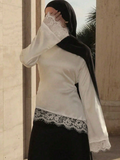 Women's Elegant Lace Patchwork Blouse Shirt, French‑Style Modest Long‑Sleeve Asymmetrical Hem Top, Ramadan Clothing, Suitable For Fall Outfits