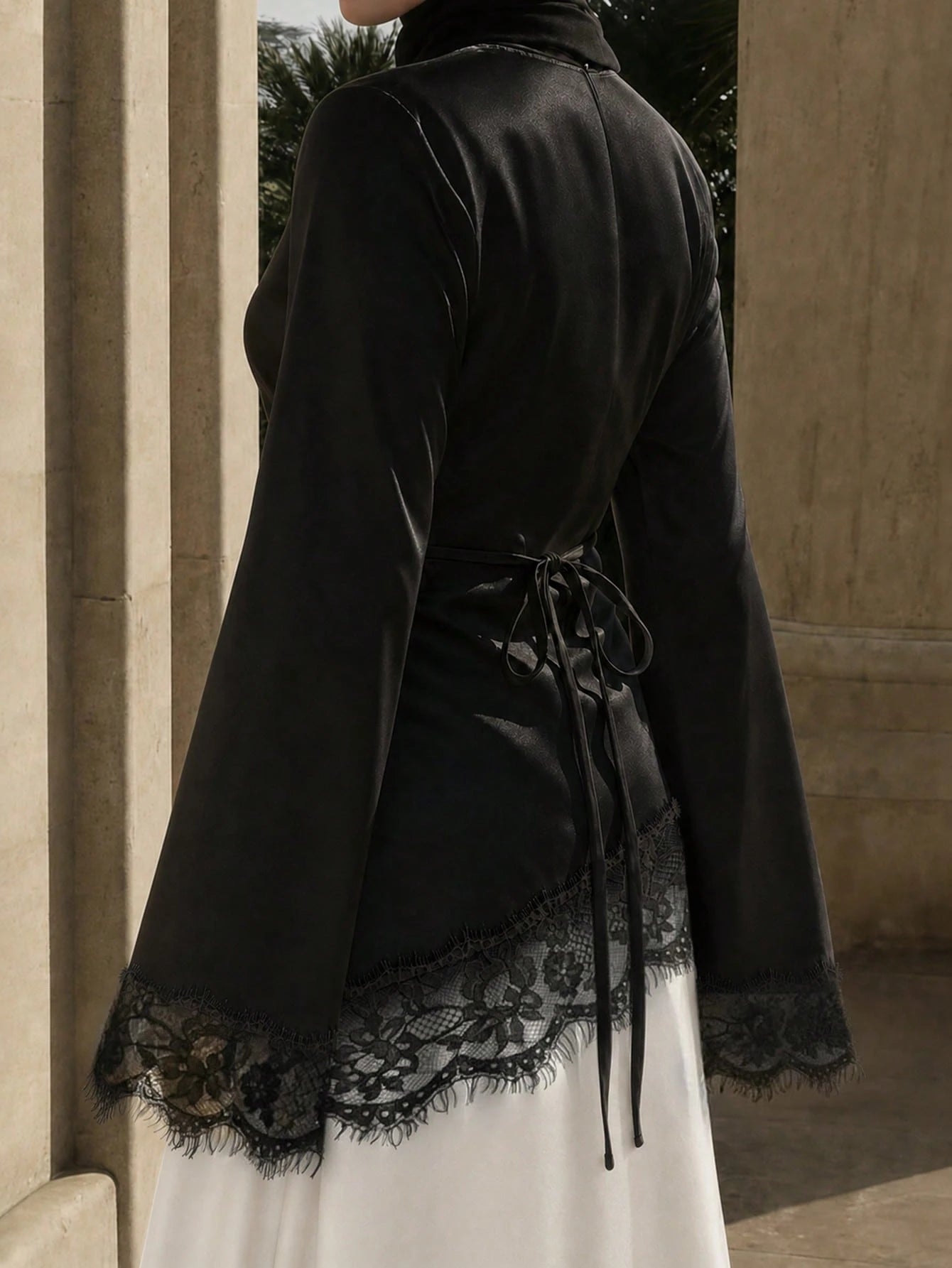 Women's Elegant Lace Patchwork Blouse Shirt, French‑Style Modest Long‑Sleeve Asymmetrical Hem Top, Ramadan Clothing, Suitable For Fall Outfits