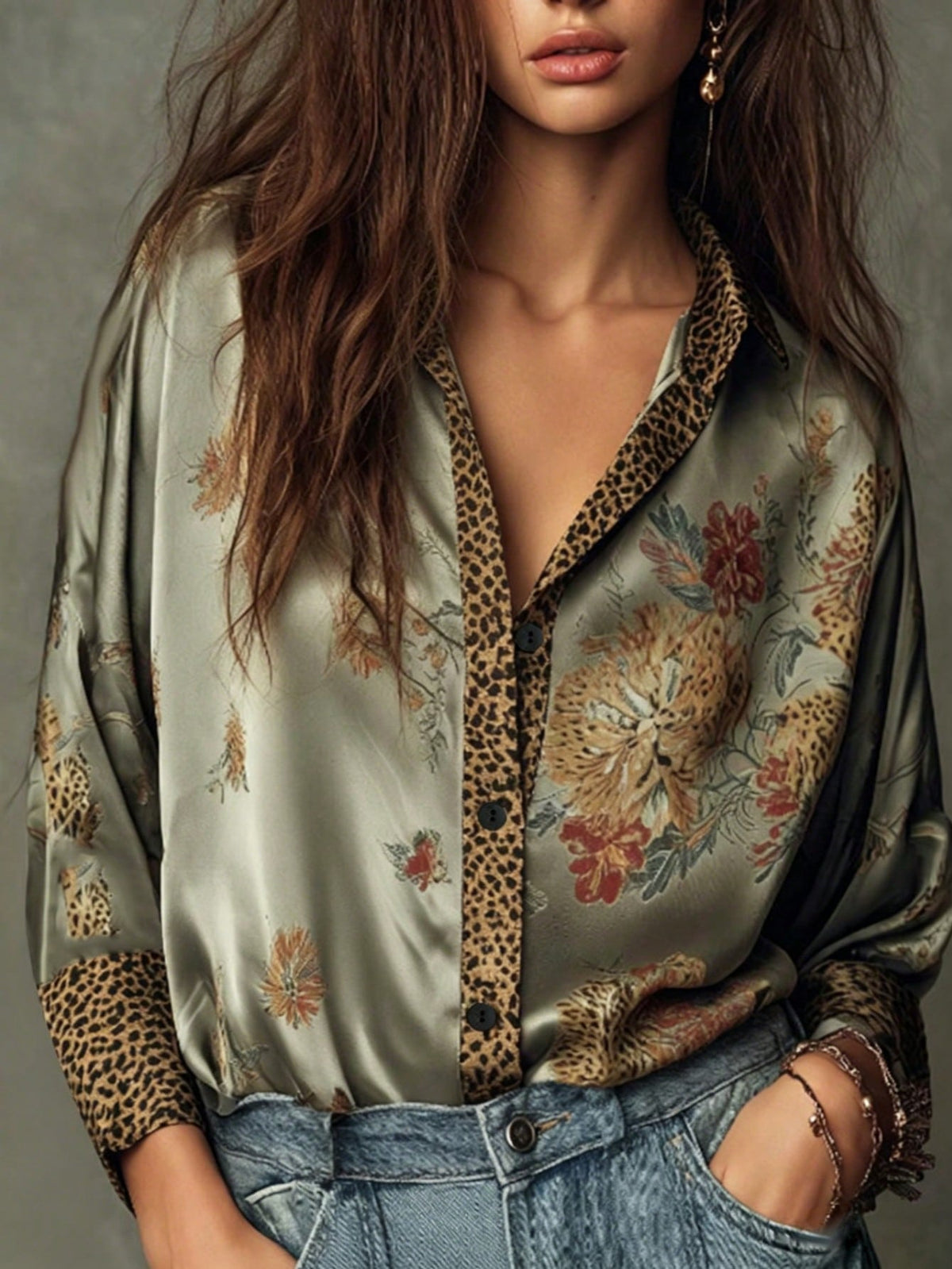 Women's Elegant Leopard Print & Green Floral Patchwork Satin Blouse, Flowing Drape With Sheen, Soft & Comfortable Vacation