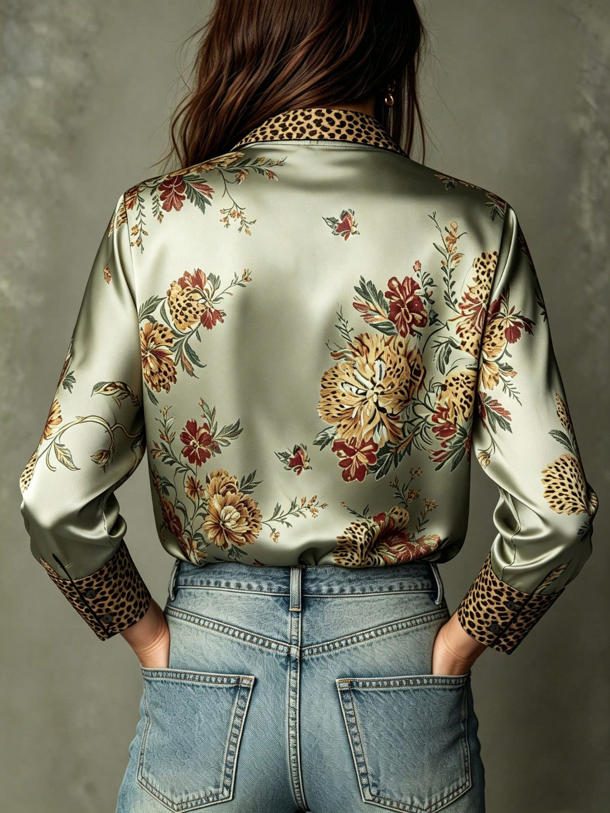 Women's Elegant Leopard Print & Green Floral Patchwork Satin Blouse, Flowing Drape With Sheen, Soft & Comfortable Vacation