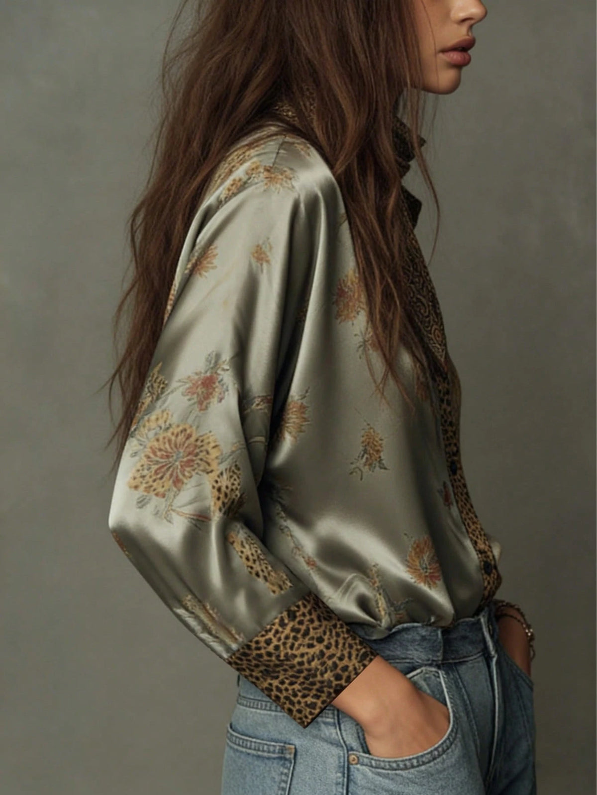 Women's Elegant Leopard Print & Green Floral Patchwork Satin Blouse, Flowing Drape With Sheen, Soft & Comfortable Vacation