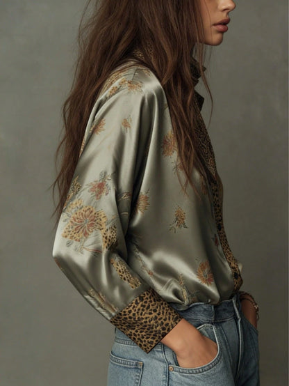 Women's Elegant Leopard Print & Green Floral Patchwork Satin Blouse, Flowing Drape With Sheen, Soft & Comfortable Vacation