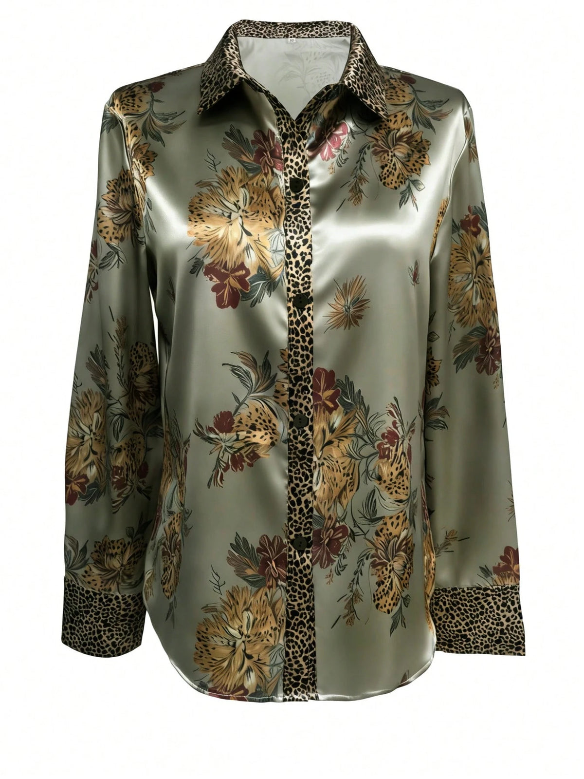 Women's Elegant Leopard Print & Green Floral Patchwork Satin Blouse, Flowing Drape With Sheen, Soft & Comfortable Vacation