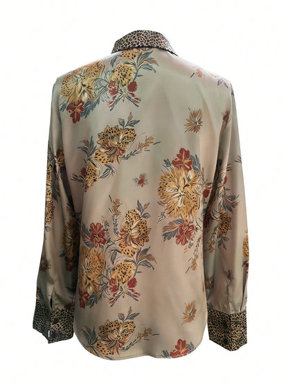 Women's Elegant Leopard Print & Green Floral Patchwork Satin Blouse, Flowing Drape With Sheen, Soft & Comfortable Vacation